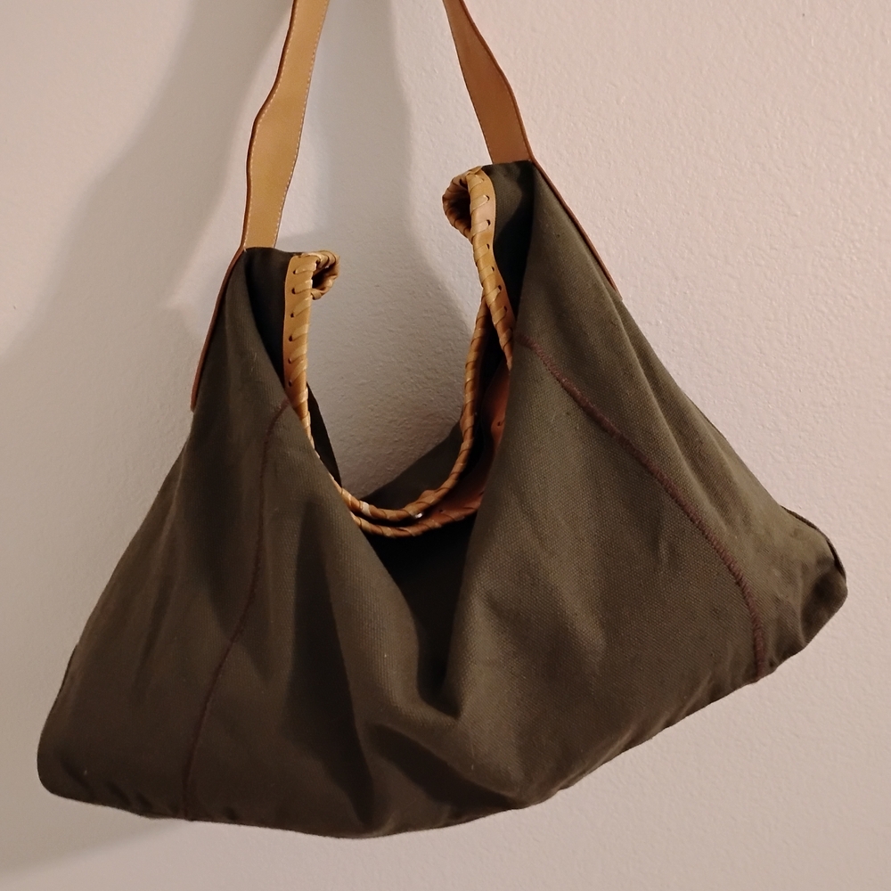 Olive Green Canvas Tote Bag with Tan Handles